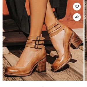 freebird Tan Leather Ankle Strap Block Heel Booties